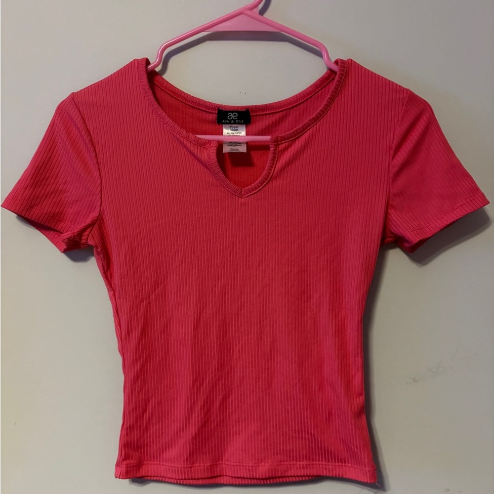 Fitted Hot Pink Ribbed V-Notch Short Sleeve Tee